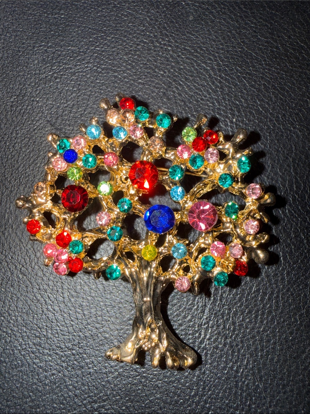 Gold-Tone Multicolor Crystal Tree Brooch - Vibrant Gem Accents